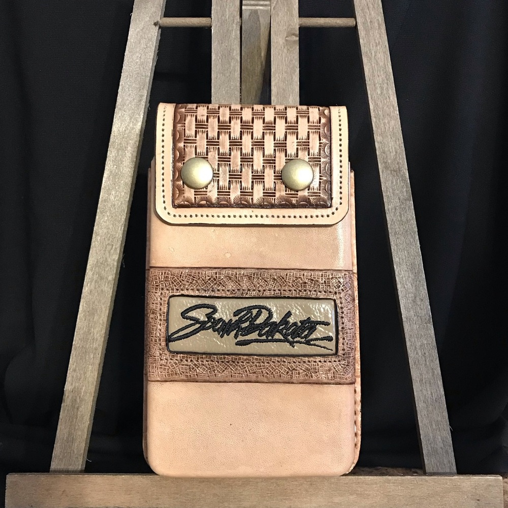 Leather Handmade Tooled Cellphone Carrier with Clip for Belt or Waistband